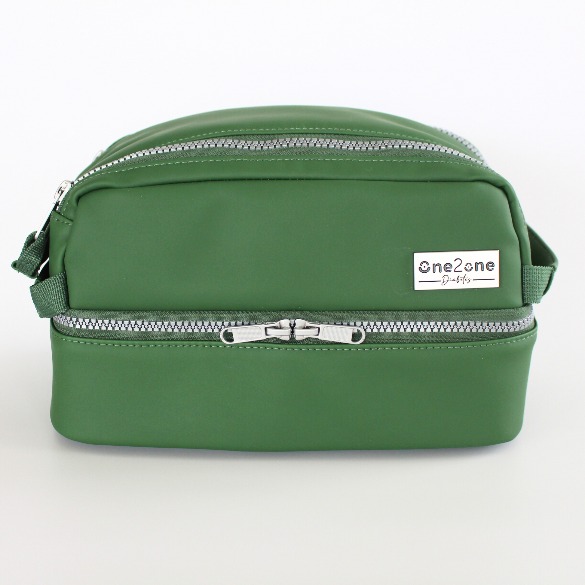 Green diabetes travel bag on a light gray background