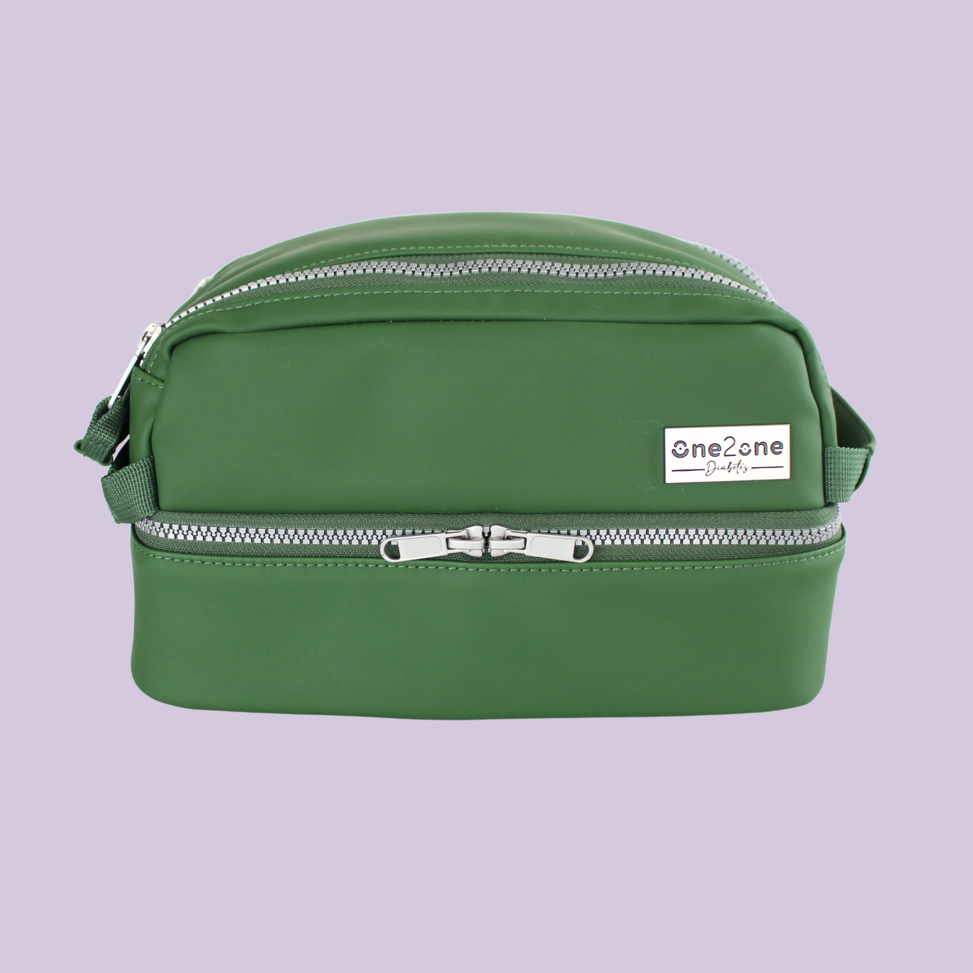 Green diabetes travel bag on a purple background