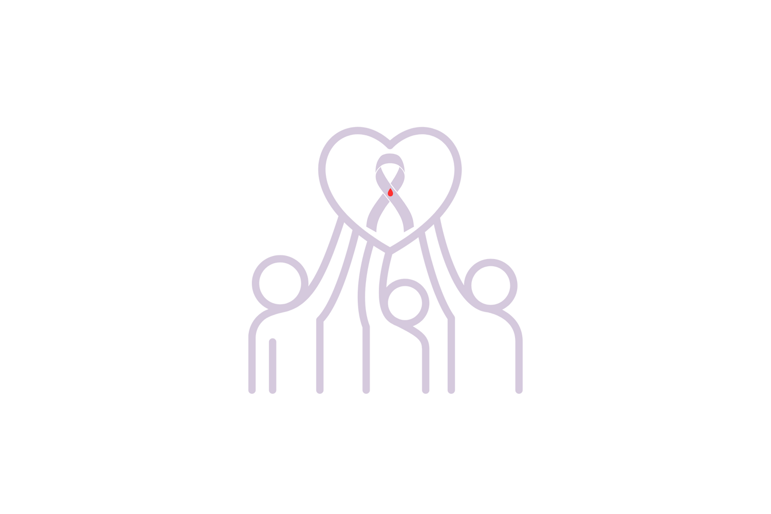 Icon of stick figures holding up a heart with diabetes symbol in center of heart on a white background.