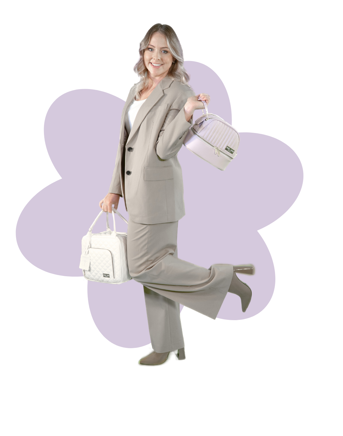 A woman posing holding a large white and small lavender diabetes travel bags with a lavender flower shaped background.