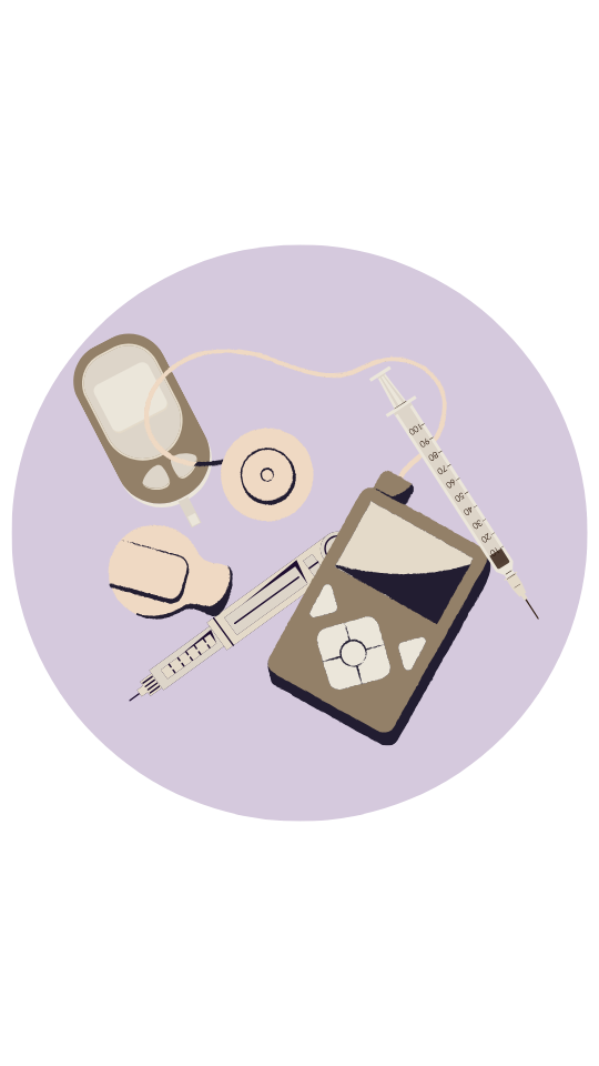 Neutral colored icons of diabetes supplies on purple background.