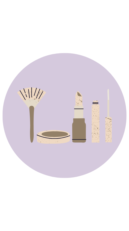 Neutral colored icons of makeup on purple background.