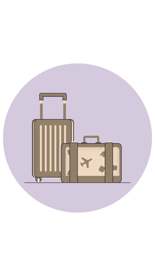 Neutral colored suitecase icons on purple background.